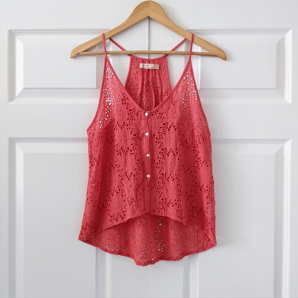 Free People Coral Pink Button Front Lace Tank Top S